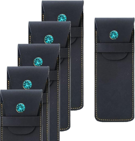 Handmade Leather Pen Case Set - 5 - Pack with Artificial Sapphire Inlay, Multi - Color Pen Sleeves for Fountain Pens & Markers (blue)