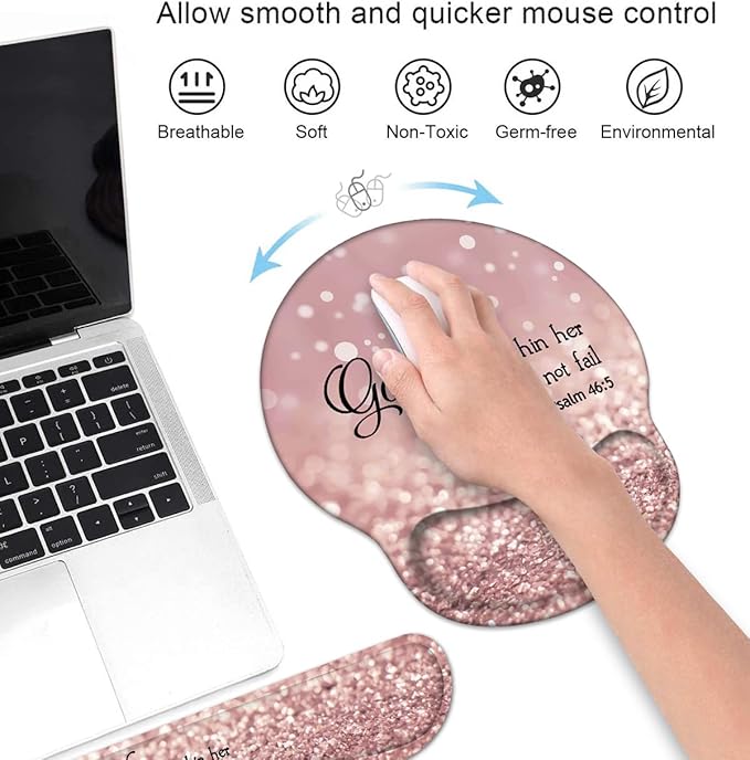 Keyboard Wrist Rest and Mouse Pad Wrist Support Set with Coasters, Quote Bible Verse Psalm 46:5 Wrist Mouse Pad with Non-Slip PU Base for Home Office Working Studying Easy Typing & Pain Relief
