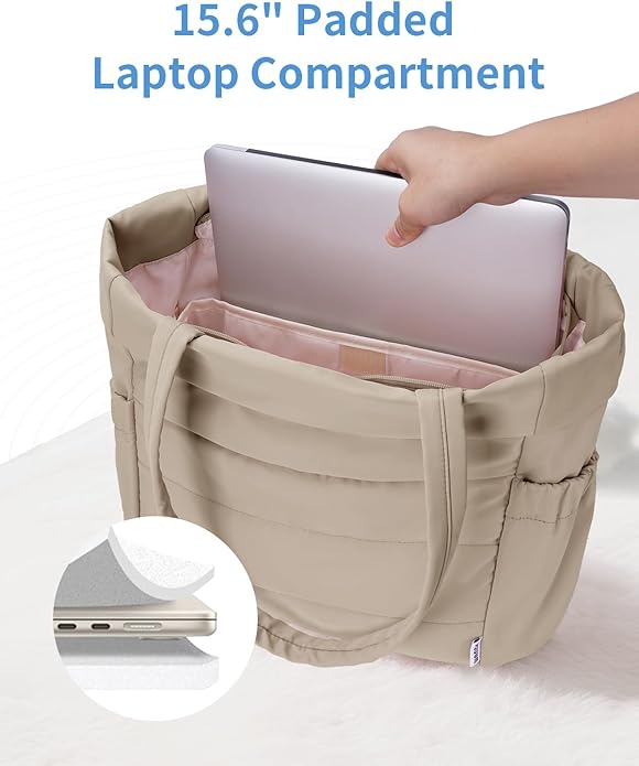 WANDF Work Tote Bag for Women, Puffy 15.6" Laptop Bag with Cup Holder, Quilted Handbag Travel Gym Bag for Nurse Teacher