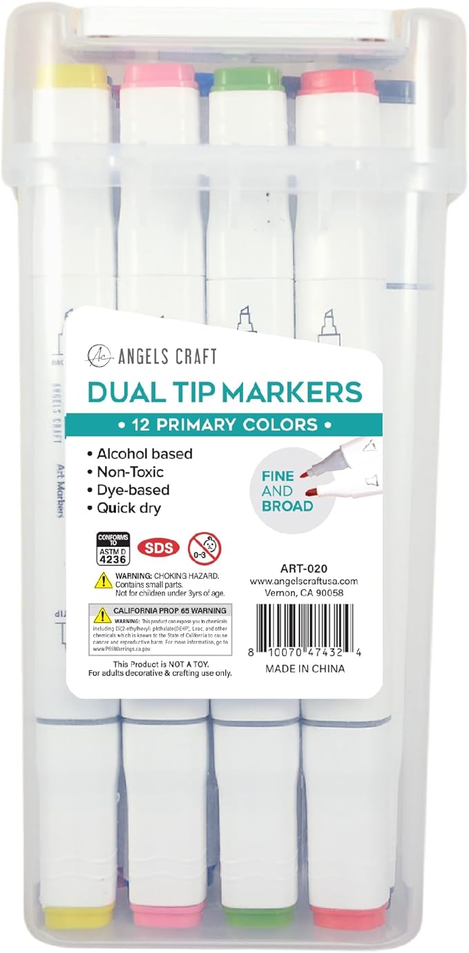 12-Piece Set of Alcohol Dual Tip Markers in Vibrant Primary Colors with Reusable Storage Case Sketch Pen for Coloring Drawing Artist Art Supplies