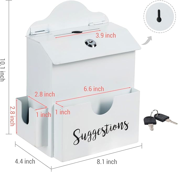 MyGift Suggestion Box with Cursive Suggestions Lettering, Wall Mounted or Tabletop Ballot Comment Box with Lock, Keys, Paper Sheet and Pen Holder Slots, White Metal