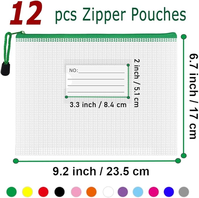 AUSTARK Plastic Mesh Zipper Pouch, 12Pcs Zipper File Bags with Label Pocket, A5 Size 9.2x6.7in, White