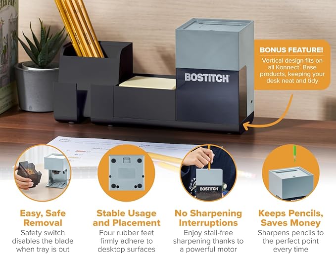 Bostitch Konnect Rechargeable Pencil Sharpener (USB-C), Auto-Stop Helical Cutter, Portable Electric Sharpener for No.2/Colored Pencils, Home, Office, Classroom, Gray