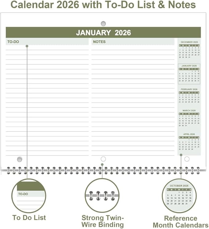 Calendar 2026 for 3 Ring Binder - Calendar 2026 from January 2026 - December 2026, 12 Months Calendar with Premium Paper, 3-Hole Wall Calendar, 8.5" x 11", Green