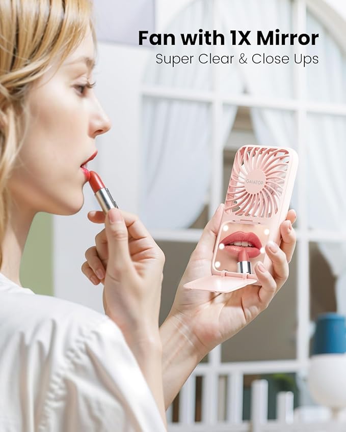Gaiatop Portable Handheld Fan, 3 Speed LED Makeup Mirror with Light, Folding Stand for Desktop, Rechargeable Mini Personal Fans Small Travel Essentials Gifts for Women Girls