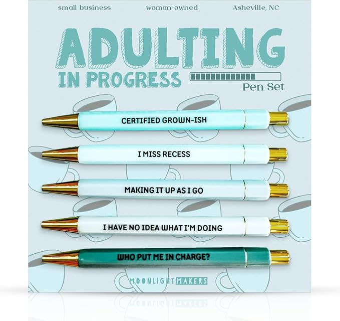 Moonlight Makers - Set of 5 Ballpoint Pens Black Ink- Engraved Funny Pens for Adults - Adulting in Progress Appreciation Gifts - Ideal Desk Decor for Work and Office Desk - Cute Packaging, Handy Clips