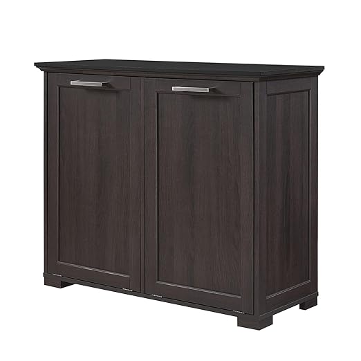OLD CAPTAIN Double Tilt Out Trash Cabinet, Wooden Kitchen Garbage Can Free Standing Holder (Dark Brown+Black Top Panel)