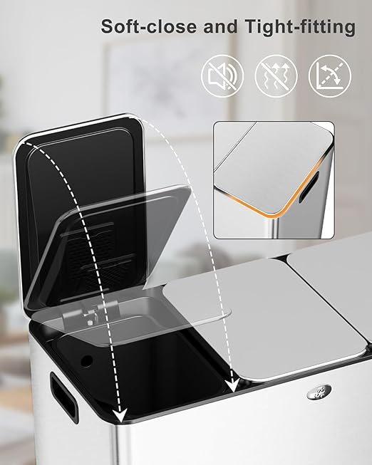 GarveeHome Trash Can 60 L/15.9 gal, Three Compartments Pedal Kitchen Recycling Trash Bin with Lids,Stainless Steel Garbage Can for Home Office Restaurant School Hospital