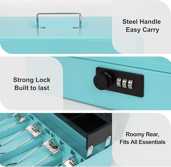 Cash Box with Combination Lock - New Sliding Coin Lid Design, Large Cash Box with Money Tray and Lock Money Saving Organizer Box,11.8Lx 9.5Wx 3.5H inches,Teal