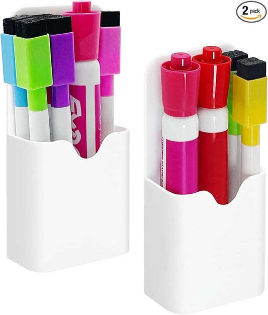 2 PCS Magnetic Pen Marker Holder, Magnetic Dry Erase Marker Holder, Magnet Pen Pencil Storage for Fridge, Whiteboard, School, Office, Home, White