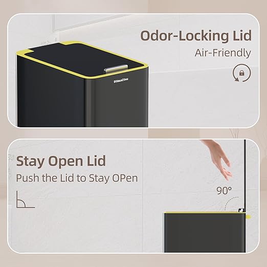 Stainless Steel Trash Can with Soft Close Lid,15 Liter/4 Gallon Garbage Can Removable Wastebasket, Rectangular for Bathroom, Office,Living Room (Black)