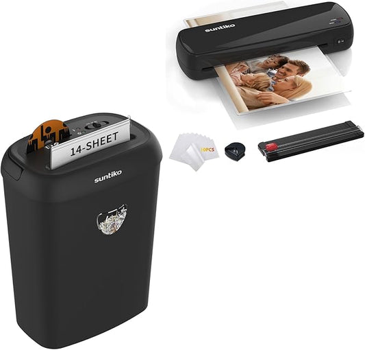 Paper Shredder, 14 Sheet Cross Cut, 6.6 Gallon Basket, P-4 Security Level, 3 Mode Design -9"Laminator Machine,Fast Laminating Documentation and Photos, Increases Their Long-Term Color Preserva