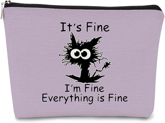 Funny Cute Cat Makeup Bag,Cat Lover Gifts For Women,Its Fine Im Fine Everythings Fine,Black Cat Cosmetic Bag Small Pouch,Birthday Gift,Coworker Gifts(Purple)