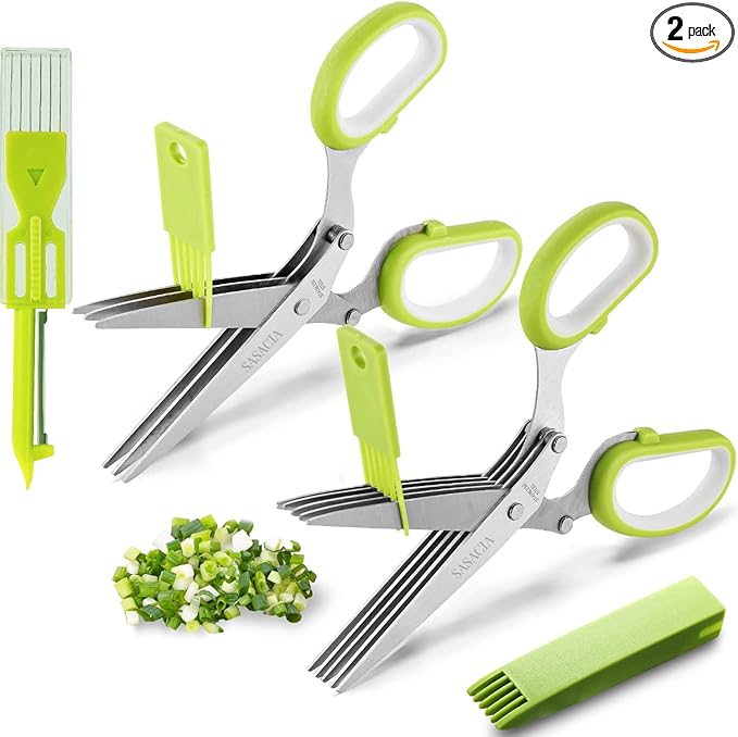 2-Pack Herb Scissors Set with 5 Blades & 3 Blades, Green Stainless Steel Kitchen Shears for Herbs, Veggies, Paper Shredding, with Cleaning Comb & Cover