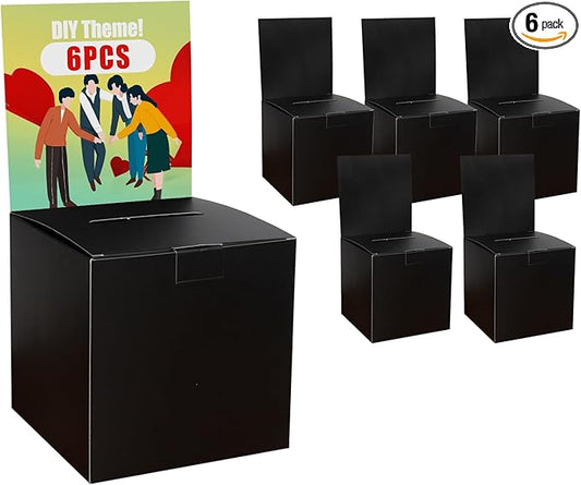 Uniclife 6 Pack Ballot Box with Slot 6" x 6" x 6" Suggestion Box Raffle Boxes Donation Boxes for Fundraising Black Cardboard Boxes with Removable Header for Business Voting Collecting Card Charity
