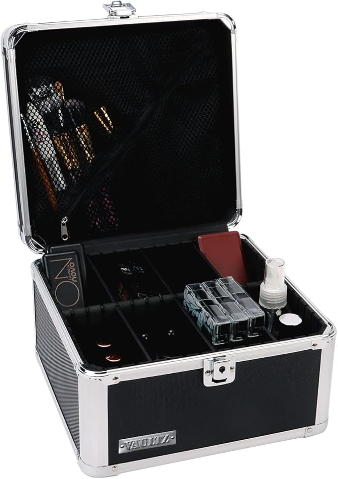 Vaultz Portable Safe Box - 10 x 10 x 6.5 Inch Large Storage Box with Lock, Mesh Pocket & Adjustable Compartments for Cash, Documents and Valuables - Black