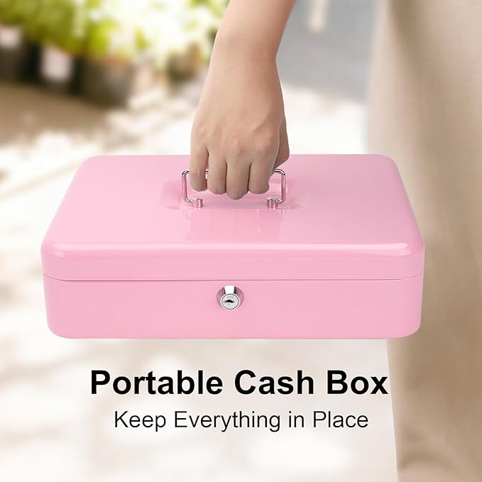 Jssmst Locking Cash Box with Money Tray and Lock, Metal Money Box with Change Lid, 11.8L x 9.5W x 3.5H Inches, Safe Box for Money with Key Lock Pink, SM-CB0515P