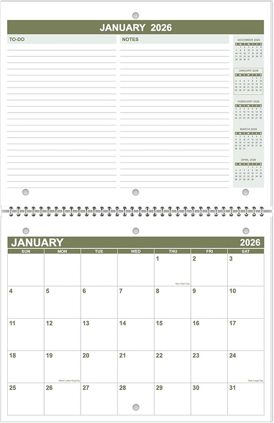 Calendar 2026 for 3 Ring Binder - Calendar 2026 from January 2026 - December 2026, 12 Months Calendar with Premium Paper, 3-Hole Wall Calendar, 8.5" x 11", Green
