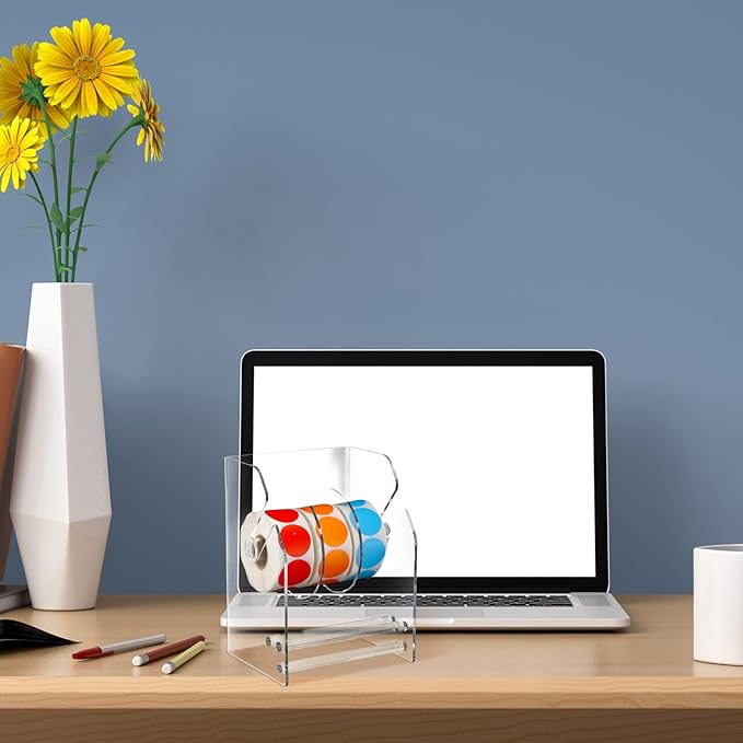 Geosar 2 Pcs Adjustable Label Dispenser 3 Disks Sticker Roll Holder Sticker Dispenser Clear Label Roll Holder Acrylic Tape Organizer Stand for Office Home Desktop