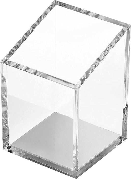 OfficeGoods Acrylic Pen & Pencil Holder - Modern Trapezoid Design - Beautiful Desk Organizer for Home or Office - Contrasting Metal Base - 3" Square w/ 3.5" Front & 4.5" Back - Silver