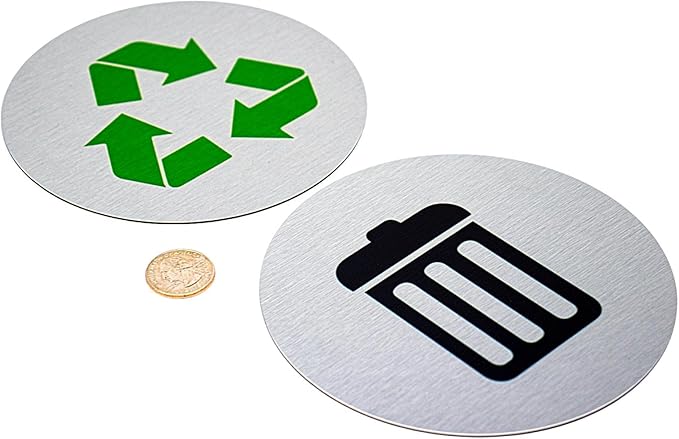 5.5" Round, Metal Trash & Recycling Signs | Set of 2 Garbage & Recycling Bin Markers | Brushed Silver Aluminum Signs with 1 Black Trash Sign & 1 Green Recycle Sign | Signs for Sustainability