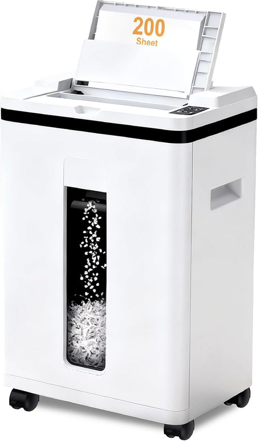 200-Sheet Auto Feed Paper Shredder, 40 Min Non-Stop Heavy Duty Shredders, P-5 Ultra Security Commercial Paper Shredder for Home Office, Micro Cut Shredder with Casters, 5.8 Gal, <60 dB(White)
