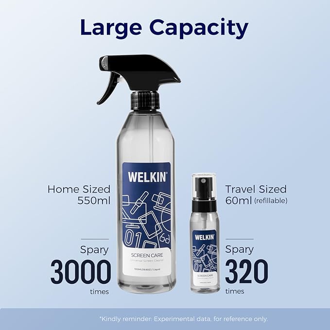 WELKIN Screen Cleaner Spray Kit (550ml + 60ml) - Cleaning Mist for TV, Laptop, Computer, Phone Touchscreen - 2 Sprayers，1 Microfiber Cloth & 1 Glass Wipe Included
