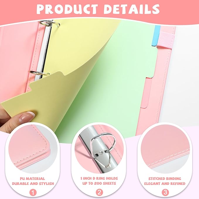 2 Pack Mini Size 3 Ring Binder 5 Colors Dividers Pu Leather Binders 7.7" X 9.3" Holds 200 Sheets Paper Three Ring Binder DRing Purple Pink with Pen Loop 1 Pockets School Office (Purple&Pink)