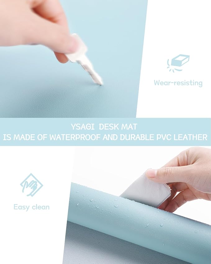YSAGi Non-Slip Leather Desk Pad, Waterproof Laptop Computer Desk Keyboard Mat, Table Protector Blotter Mat, Large Mouse Pad for Office/Work/Home/Decor(Sky Blue, 31.5" x 15.7")