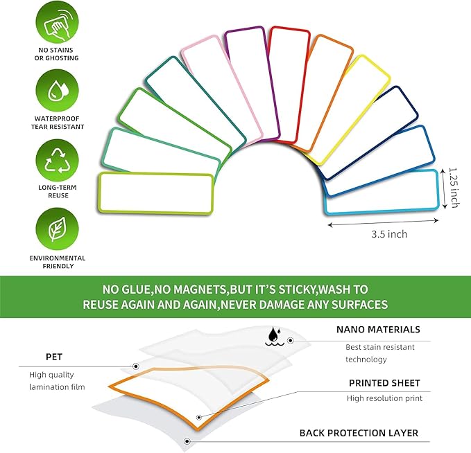 Reusable Dry Erase Labels Sticky Notes for Storage Bins Organizing Jar Pantry, Waterproof Removable Label Stickers for Kitchen Office School All Purpose Use (1.25 * 3.5 inches Mullticolor)