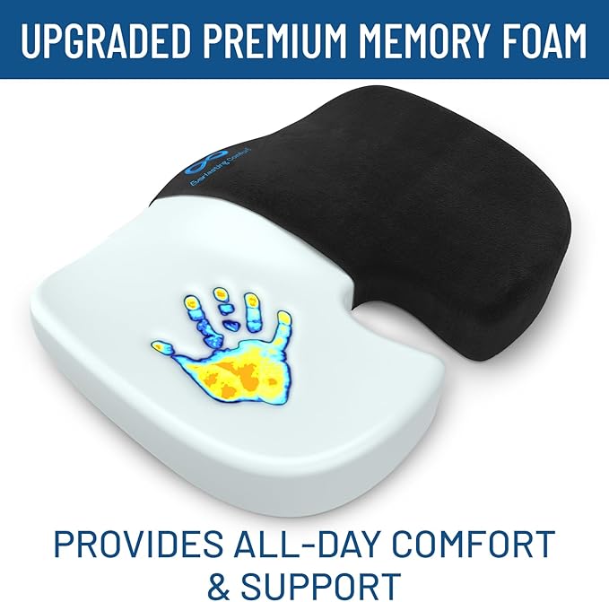 Everlasting Comfort Doctor Recommended Memory Foam Seat Cushion for Office Chairs & Car - Ergonomic Office Desk Accessories - Cushions for Tailbone Pain Relief, Sciatica (Black Upgraded, Large)