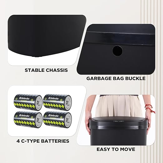 PayLessHere | 13 Gallon Plastic Trash Can | Black | Automatic Touchless Lid with Motion Sensor | Kitchen Garbage Can with Waterproof Design | for Home, Office, Bathroom | Pack of 1