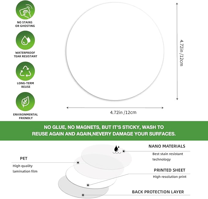 SVNOOC Multi-Use Dry Erase Labels Sticky Notes Reusable Stickers for Wall Desk Fridge Classroom Office Home and More, Message Board with 2 Markers (5" in Circle White), 12 Pack