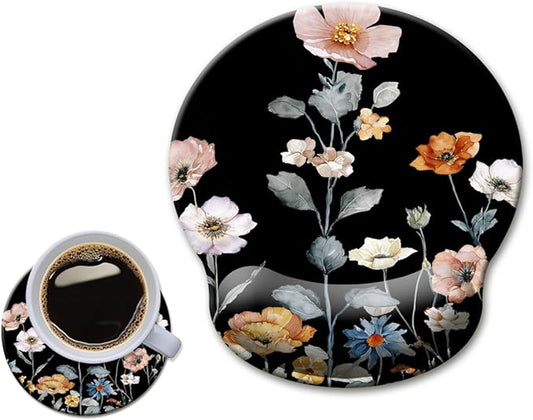 HOPONY Mouse Pad with Wrist Rest,Ergonomic Mouse Pads Wrist Support for Desk,Large Mousepad for Wireless Mouse Gaming Laptop Work Home Desk Accessories Office Supplies Decor,9 x 10 in,Floral Black