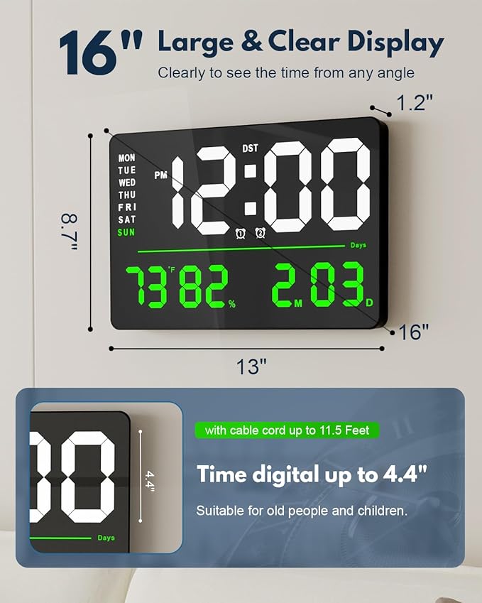 AYRELY® 16" LED Digital Wall Clock with Large Display,Alarm Clock with Digital Calendar for Living Room, Bedroom,Office,Shop,Gym Decor,Seniors,Gift for Elderly (Powered by Plug-in Only)