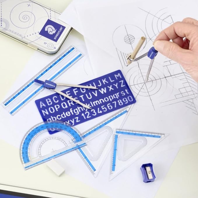 STAEDTLER 10-Piece Math Set with Metal Compass 24-Pack (24 Sets of 10 pcs), 6" Ruler & Triangle Squares, 45° & 30/60° Set Squares, Alphabet Stencil - Measuring Tools, 240 Count
