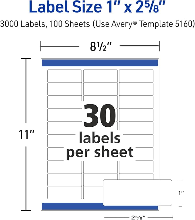 Avery Easy Peel Printable Address Labels with Sure Feed, 1" x 2-5/8" Customizable Stickers, White, 15,000, Great for Mailing, Shipping, and More (5-Pack of 5160)