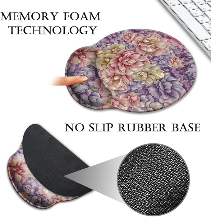 HOPONY Mouse Pad with Wrist Rest,Ergonomic Mouse Pads Wrist Support for Desk,Large Mousepad for Wireless Mouse Gaming Laptop Work Home Desk Accessories Office Supplies Decor,9 x 10 in,Purple Floral