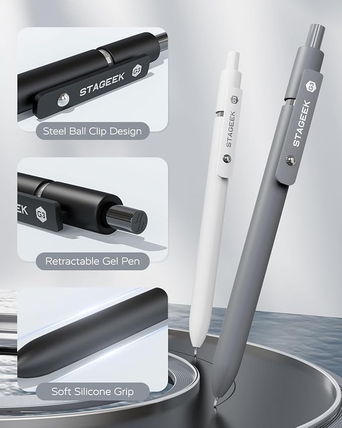 Black Gel Pens, 6Pcs Fine Point Smooth Writing Pens with 3 Extra Refills, Quick Dry Black Ink Pens for Journaling, Office, Note Taking, School Supplies, Nurse Aesthetic(Black Gray White)