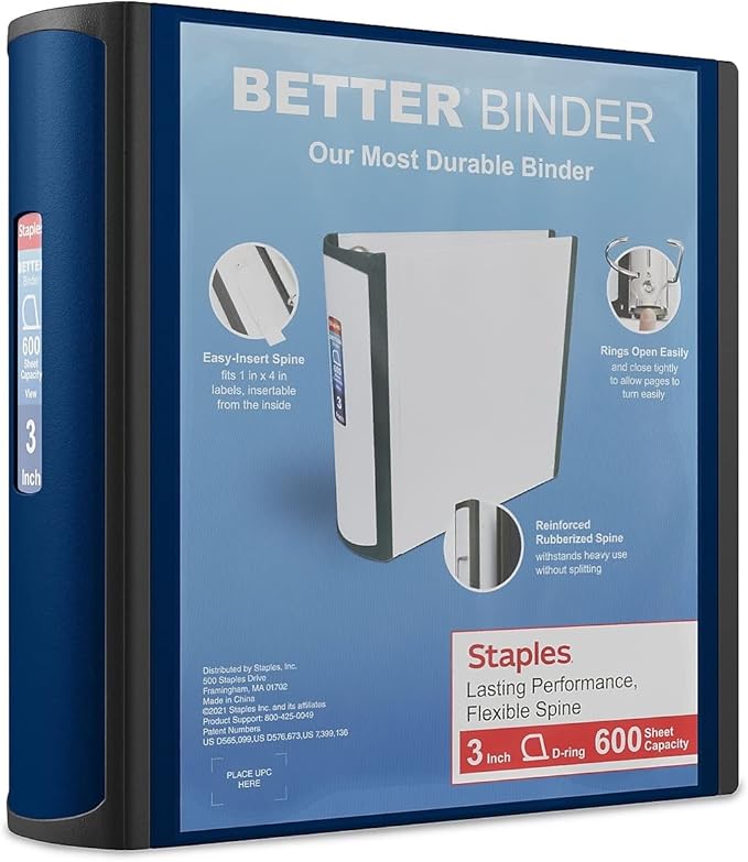 Staples Better Binder, 3-Ring, Reinforced Rubber Spine, 3 Inch D-Ring Binders for Home, Office, School, Holds up to 600-Sheets, Blue