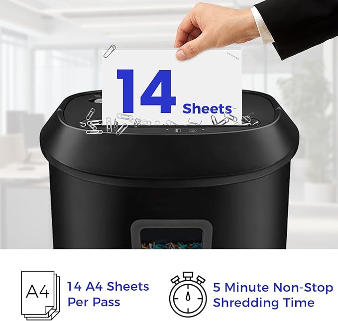 14-Sheet Paper Shredder for Home Office, Heavy Duty Cross-Cut Shredder with US Patented Cutter Shredding Machine, Fast with Jam Proof System,6.6-Gallon Basket (ETL)