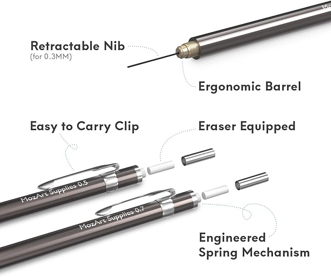 MozArt Supplies Mechanical Pencil Set with Case - 4 Sizes: 0.3, 0.5, 0.7 & 0.9mm with 30 HB Lead Refills Each & 4 Eraser Refills - Sketch, Drafting, Art, Drawing Supplies (Nickel)