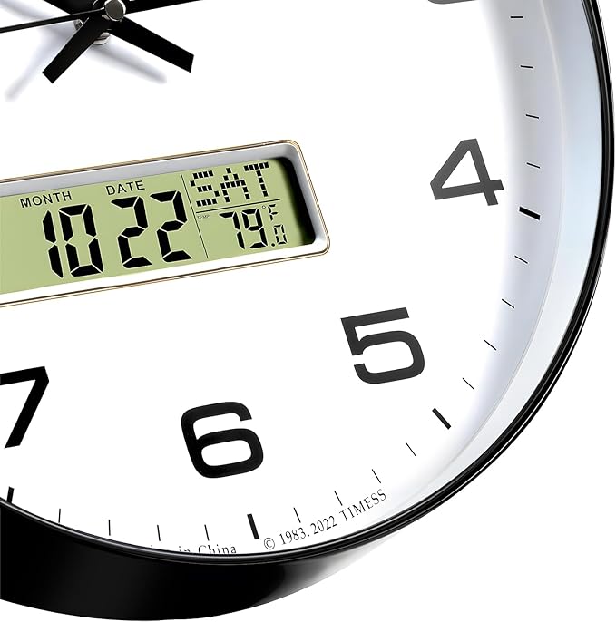 Wall Clock, 12" Dial Non-Ticking Silent Battery Operated Analog with LCD Display for Perpetual Calendar and F° Temperature, Ideal Modern Home, Bedroom, Kitchen, Office Decor (Black)