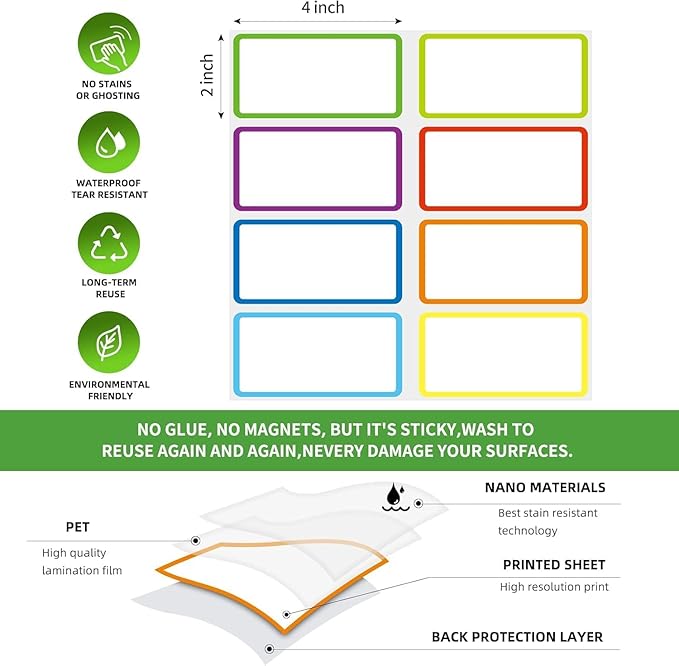 Reusable Dry Erase Labels Sticky Notes for Storage Bins Organizing Jar Pantry, Waterproof Removable Label Stickers for Kitchen Office School All Purpose Use (2 * 4 inches 8 Colors)