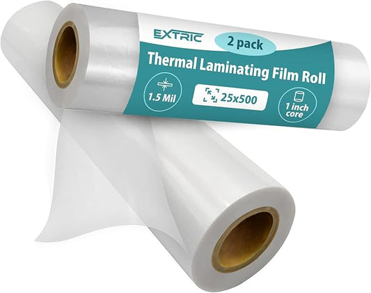 EXTRIC Thermal Laminating Film Roll 2 Pack Easy-Load Design - 25"x500" Glossy 1.5 Mil, 1" Core Professional Grade Lamination for Schools, Offices and Print Shops