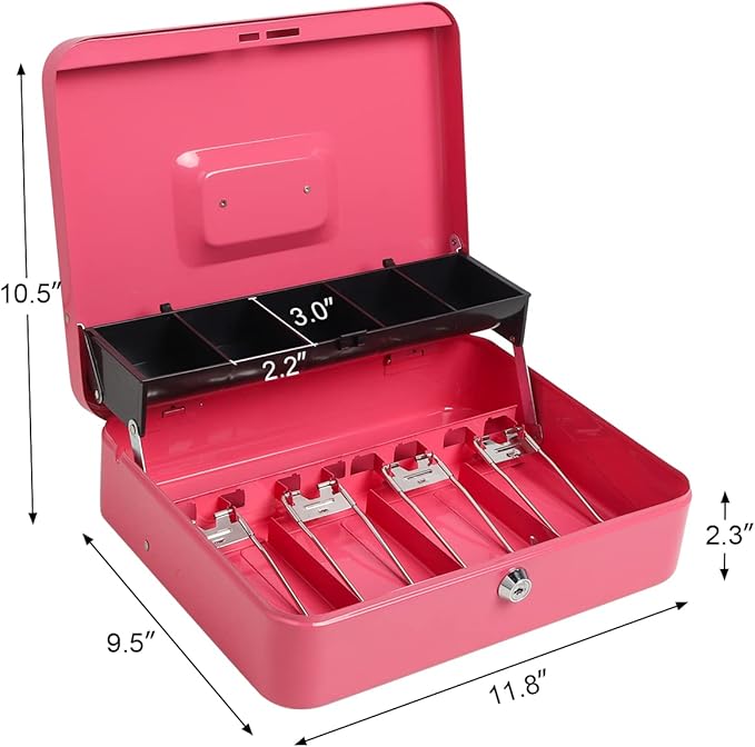 Cash Box with Key Lock，Lock Box Safe Storage Security Locker with Security Cable,Durable Metal Cash Box with Money Tray，Pink