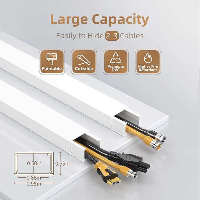 Delamu Cord Hider, 85in Cord Covers for 2-3 Wires on Wall, Self-Adhesive Cable Hider, Paintable Wire Hiders Wire Covers for TV Cords on Wall, Easy Mount Cable Cover Raceway Kit, W0.95 H0.55in, White