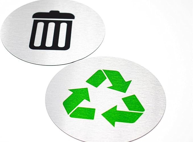 5.5" Round, Metal Trash & Recycling Signs | Set of 2 Garbage & Recycling Bin Markers | Brushed Silver Aluminum Signs with 1 Black Trash Sign & 1 Green Recycle Sign | Signs for Sustainability