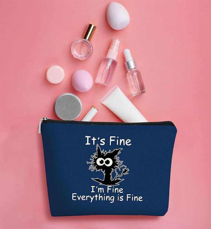 Its Fine Im Fine Everythings Fine Navy Blue Makeup bag for Women,Cat Small Make Up BagTravel Toiletry Bag for Men,Navy Blue Cat Small Pouch, Funny Cosmetic Bag Zipper Bag Birthday Gift