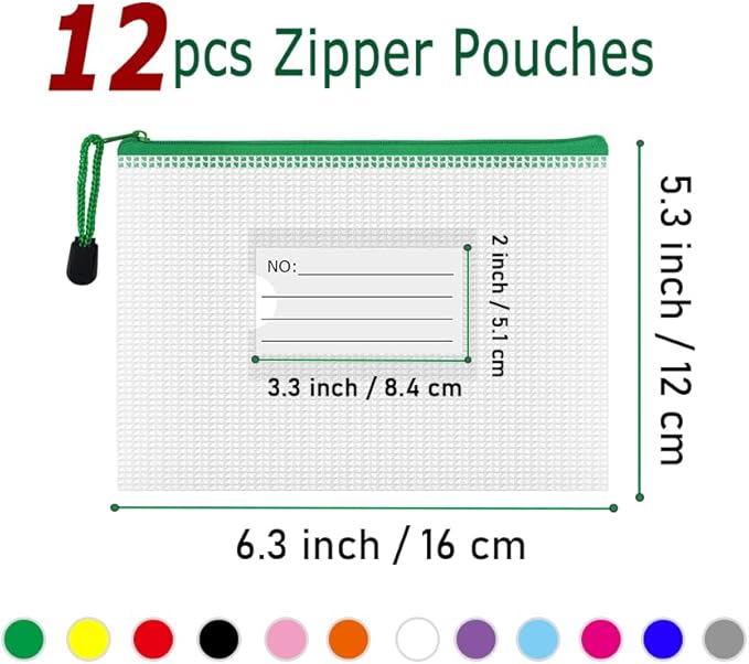 AUSTARK Plastic Mesh Zipper Pouch, 12Pcs Zipper File Bags with Label Pocket, Game Boards Storage Bags, Waterproof Document Storage Bags for Office Home Travel Cosmetic (A6 Size 6.3x4.7 in)
